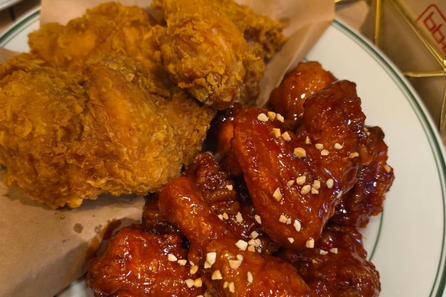 Korean fried chicken with original and spicy glazed chicken near Incheon Airport